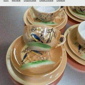 Vintage 1950s Peach Lustre Ware HP Bluebird Children's Dish Set